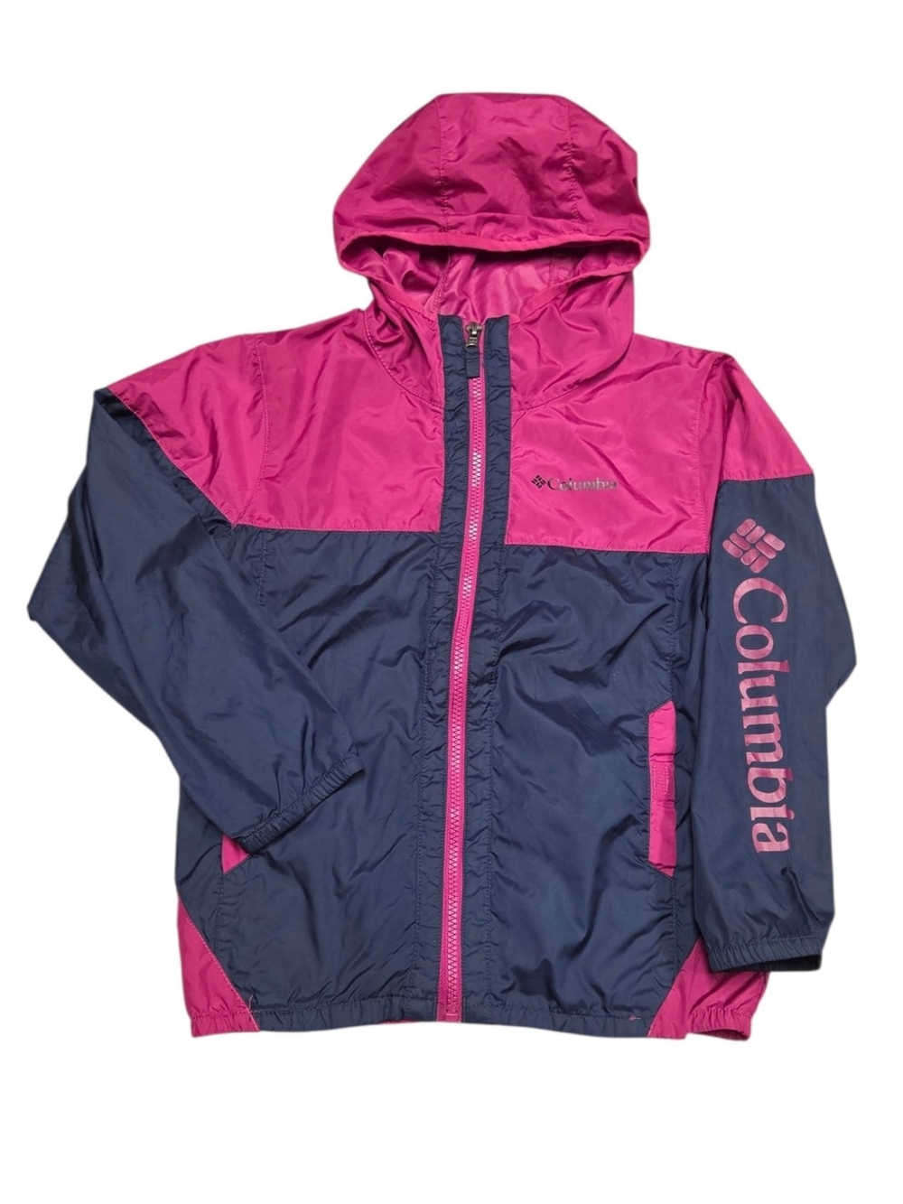 8y Columbia Kids Hooded Rain Jacket in Pink and Navy